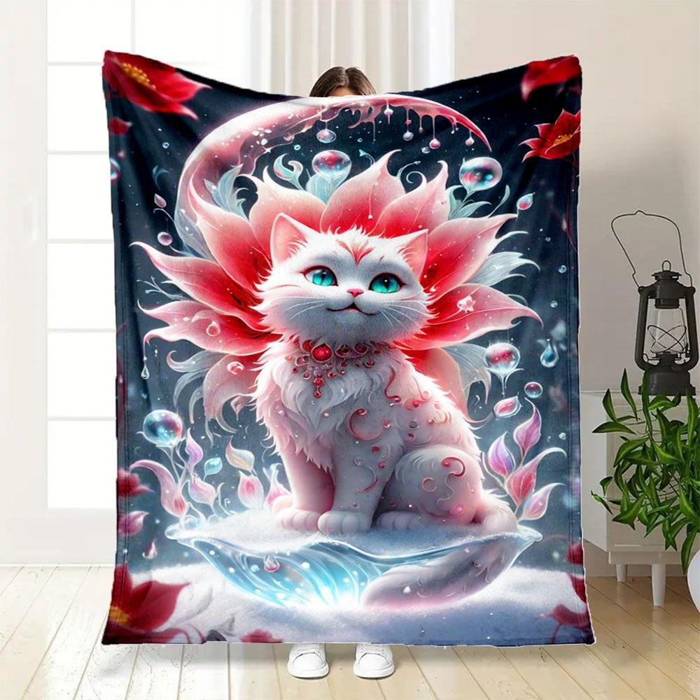 "Enchanted Floral Fantasy Cat Art Print"Blanket Flannel Throw Blanket for Sofa, Bed, Travel, Camping, Office, Couch, Chair, And Bed Gift for