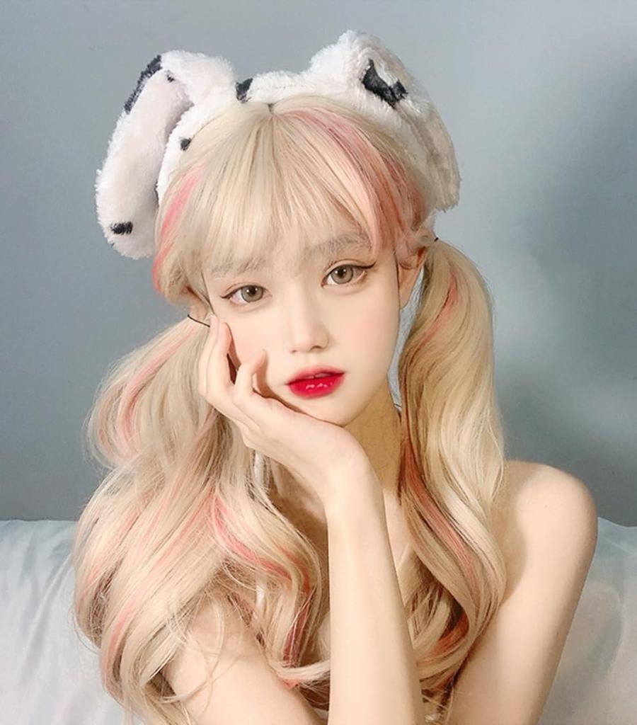 RyuuCos Lolita Wig Long Hair Curly Bangs Gold Pink Wig Cosplay Milk Gold Pink Highlights Natural Harajuku Cosplay Heat Resistant Disguise Costume Gift