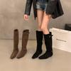 Coarse Heel Suede Brown Skinny Boots Women's Boots 2025 New Autumn and Winter Square Head Pile Boots Knight Boots