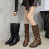 Ретро ботильоны на толстом каблуке с квадратным носком женские осень-зима 2025 новые с ремешком с пряжкой и заклепками высокие модные ботильоны на наборном каблуке