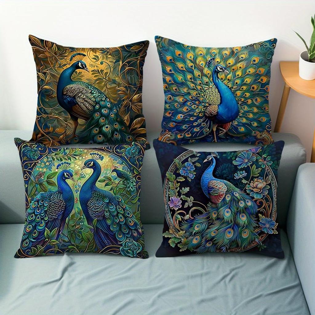 4 Pack Teal Gold Peacock Pillow Covers Double Sided Print Floral Cushion Cases Boho Home Decor For Sofa Bedroom