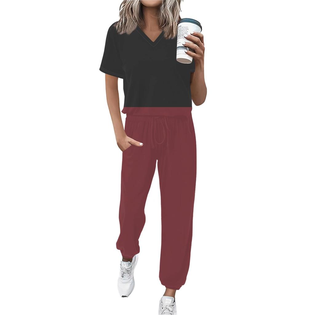 Женский спортивный костюм с V-образным вырезом и коротким рукавом, свободные брюки