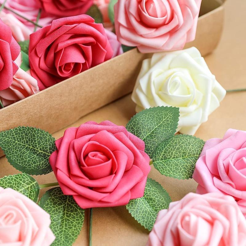 Искусственные цветы, 25/50 шт., искусственные розы, белые свадебные украшения для свадебного душа, композиции для вечеринок, украшения для столов(10 роз+5 листьев/25 роз+5 листьев)