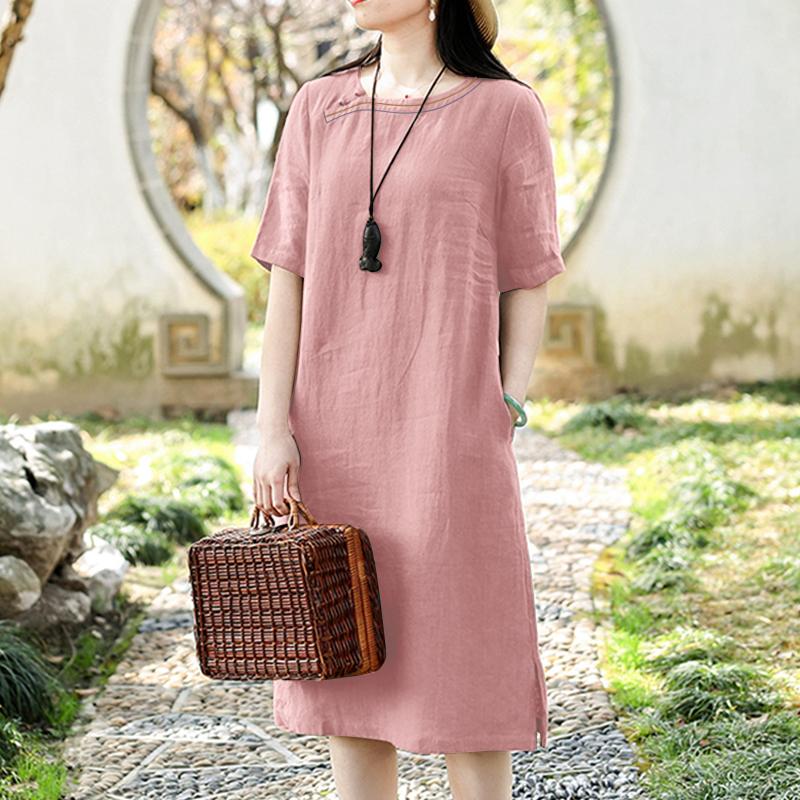 ZANZEA Женское повседневное хлопковое летнее платье с коротким рукавом и круглым вырезом