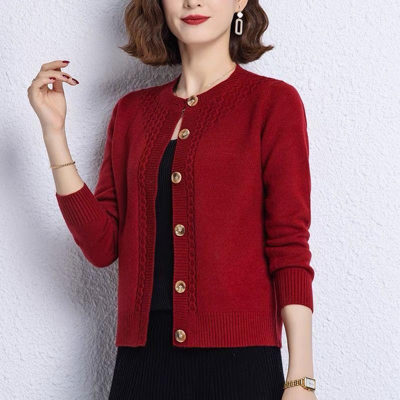 Women's Round Neck Knitted Cardigan Sweater Mom's Clothing Autumn and Winter Short Sweater Cardigan