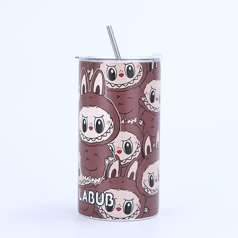 Мультяшный узор Лабубу из нержавеющей стали, изолированная чашка, простая кофейная чашка с соломой