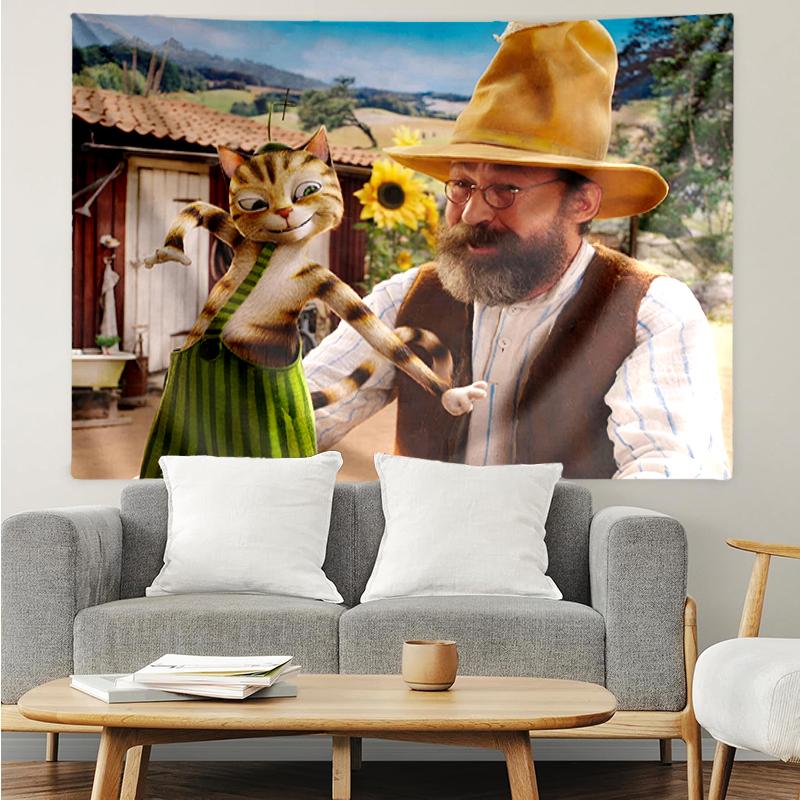 Pettson and Findus Print Tapestry, Backdrop, Easy Setup, Ideal for Bedroom, Office & Living Room, with Aesthetic Wall Hanging Decor.