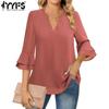 Женские модные повседневные летние весенние однотонные блузки и рубашки с рукавами 3/4 и v-образным вырезом с принтом