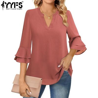 Женские модные повседневные летние весенние однотонные блузки и рубашки с рукавами 3/4 и v-образным вырезом с принтом