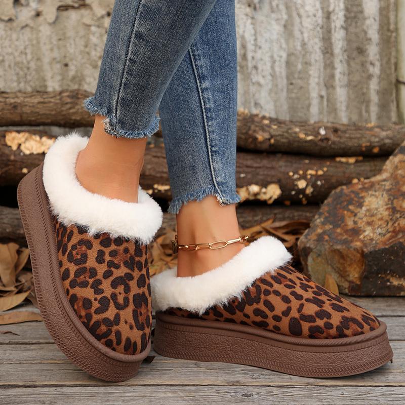 Мода Модные зимние ботинки на платформе с леопардовым принтом для женщин, удобные зимние ботинки из искусственного меха, женские нескользящие теплые ботильоны на толстой подошве 2024