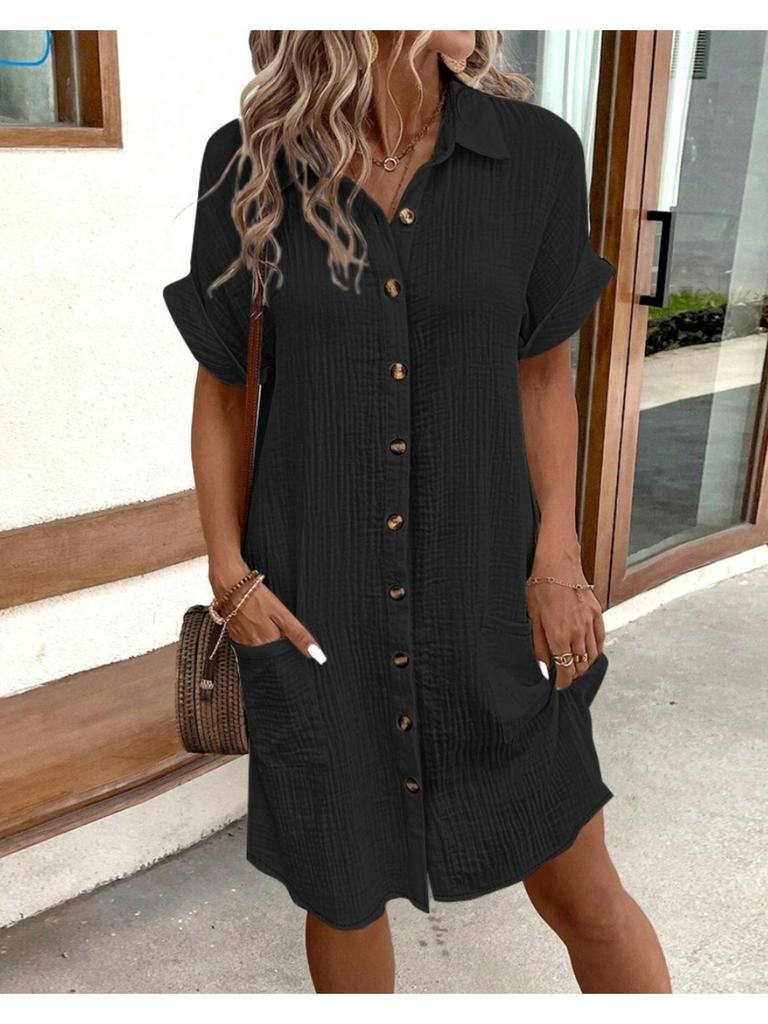 V Collar Solid Color Button Dress High Waist Elegant Shirt Dress for Women Short Sleeve Loose Dresses Causal Dress