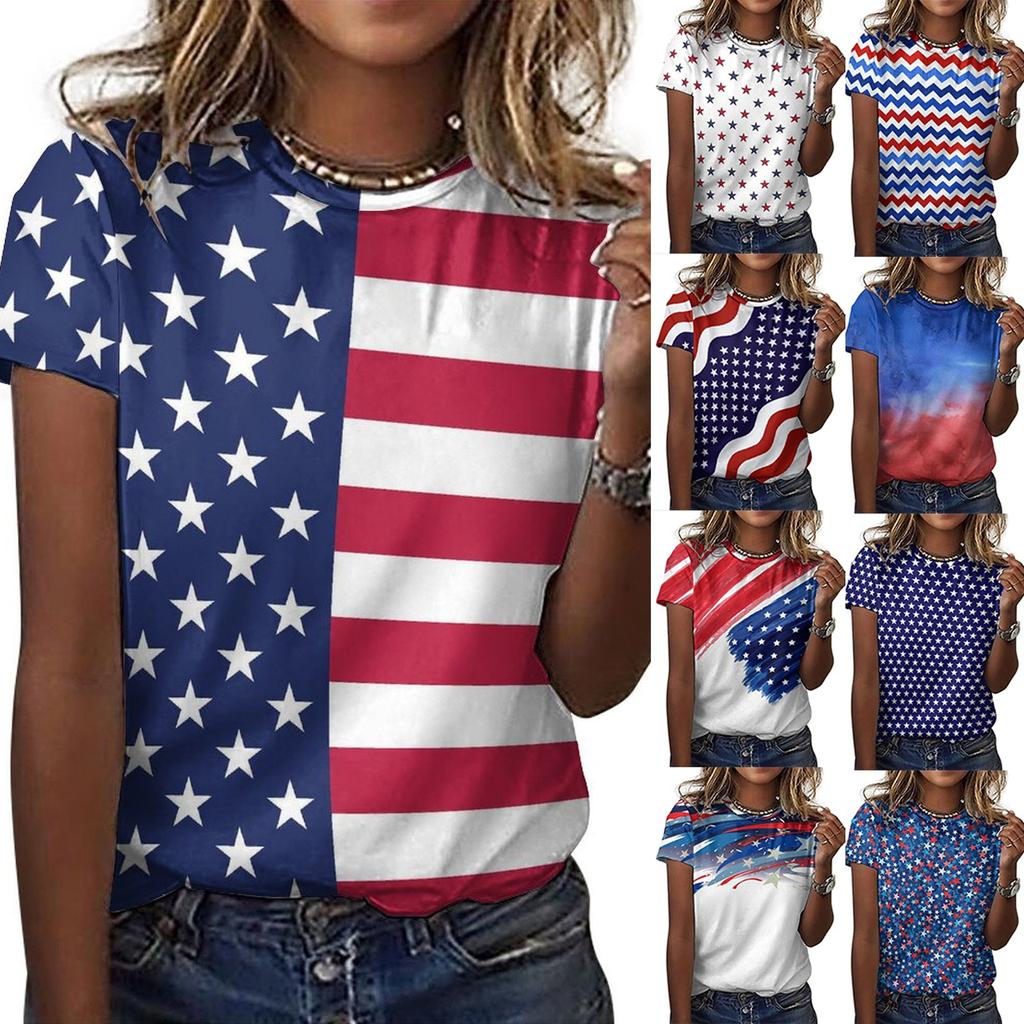 Women's Round Neck Short Sleeved Independence Day Printed Short Sleeved Top