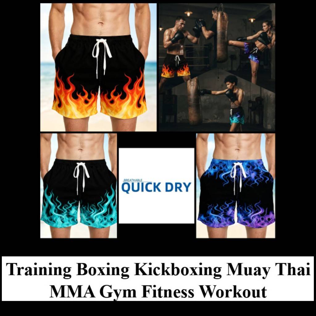 Shorts Fire Flame Red Blue 3D Print Training Muay Thai Kickboxing Boxing MMA Unisex Gym Fitness Workout Quick Dry Elastic Waist