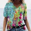 Женская футболка 3D с V-образным вырезом, с цветочным принтом, одежда оверсайз, блузка с коротким рукавом, мода Харадзюку, летняя женская красивая