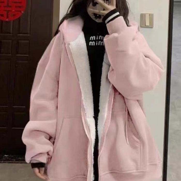 Pink Plus Velvet Hooded Sweatshirts Women Autumn Winter Zipper Thicken Warm Hoodies Woman Korean Student Lamb Wool Coat