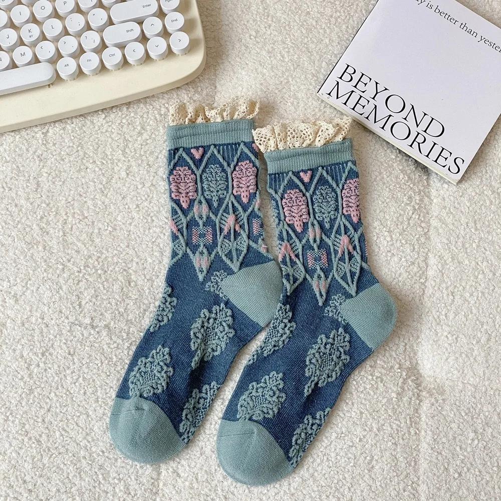 Lace Ruffle Socks Women JK Japanese Style Sweet Girls Lolita Kawaii Socks Ethnic Harajuku Retro Streetwear Middle Tube Socks Sox
