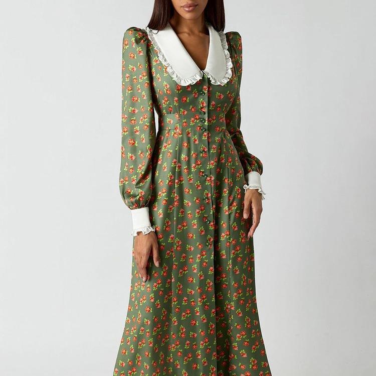 Boho Maxi Dresses for Women Ruched Flowy Polka Floral Dress Long Slim Fit A-Line Sundress Women's Casual Long Lantern Sleeves Hem Split Shirts Dress