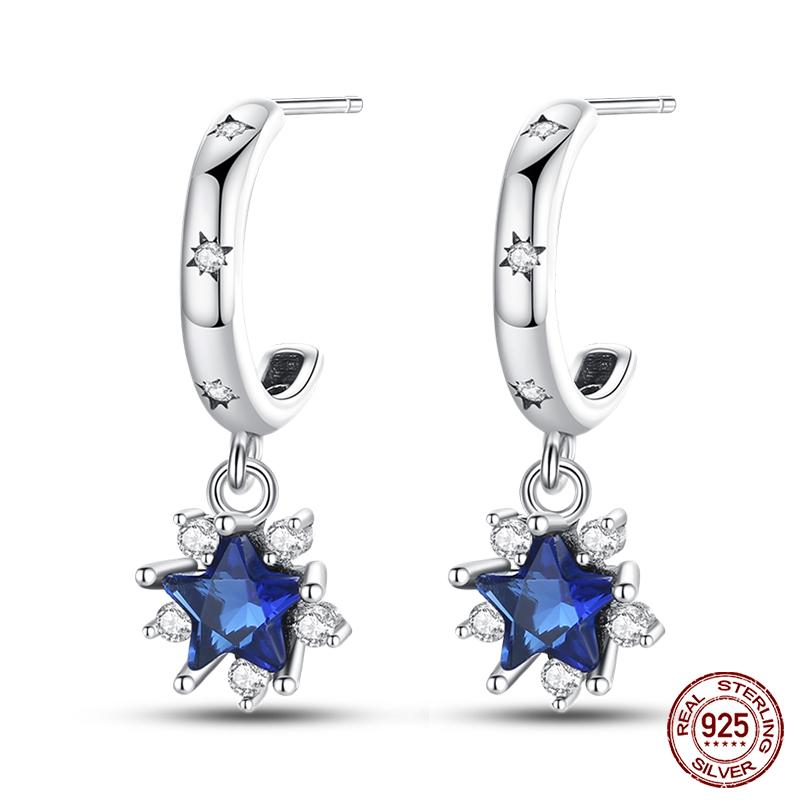 925 Sterling Silver Sparkling Cubic Zircon Star Moon Pendant Hoop Earrings for Women Luxury Wedding Anniversary Jewelry Gifts