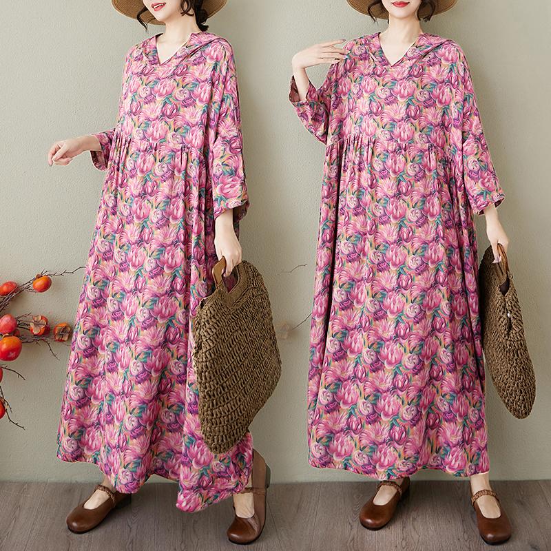 DIMANAF 2025 Лето Женское Платье Большого Размера Винтажное Базовое Платье Цветочное С Капюшоном Плиссированное Повседневное Длинное Свободное Платье Макси