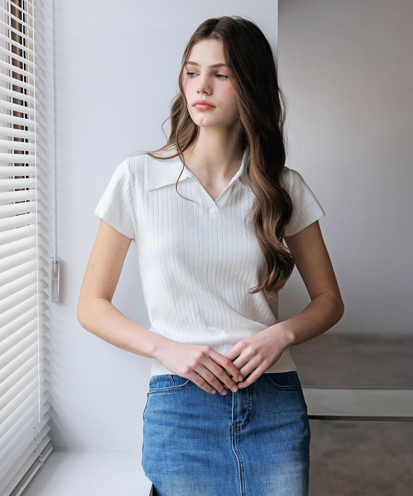 HYFVE Viscose Collar Ribbed Short Sleeve Knit
