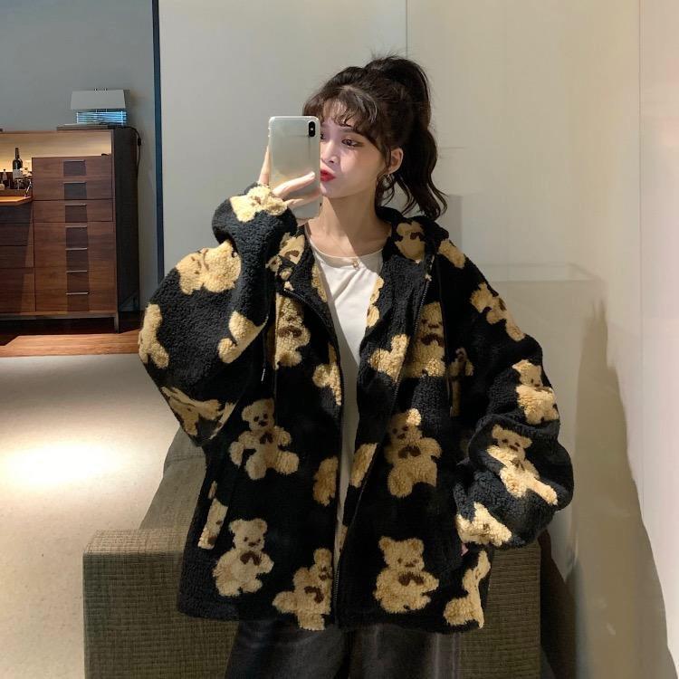 New Cartoon Thick Pattern Bear Print Women Winter Korean Large Size Long Sleeve Hooded Coat Warm Couple Streetwear