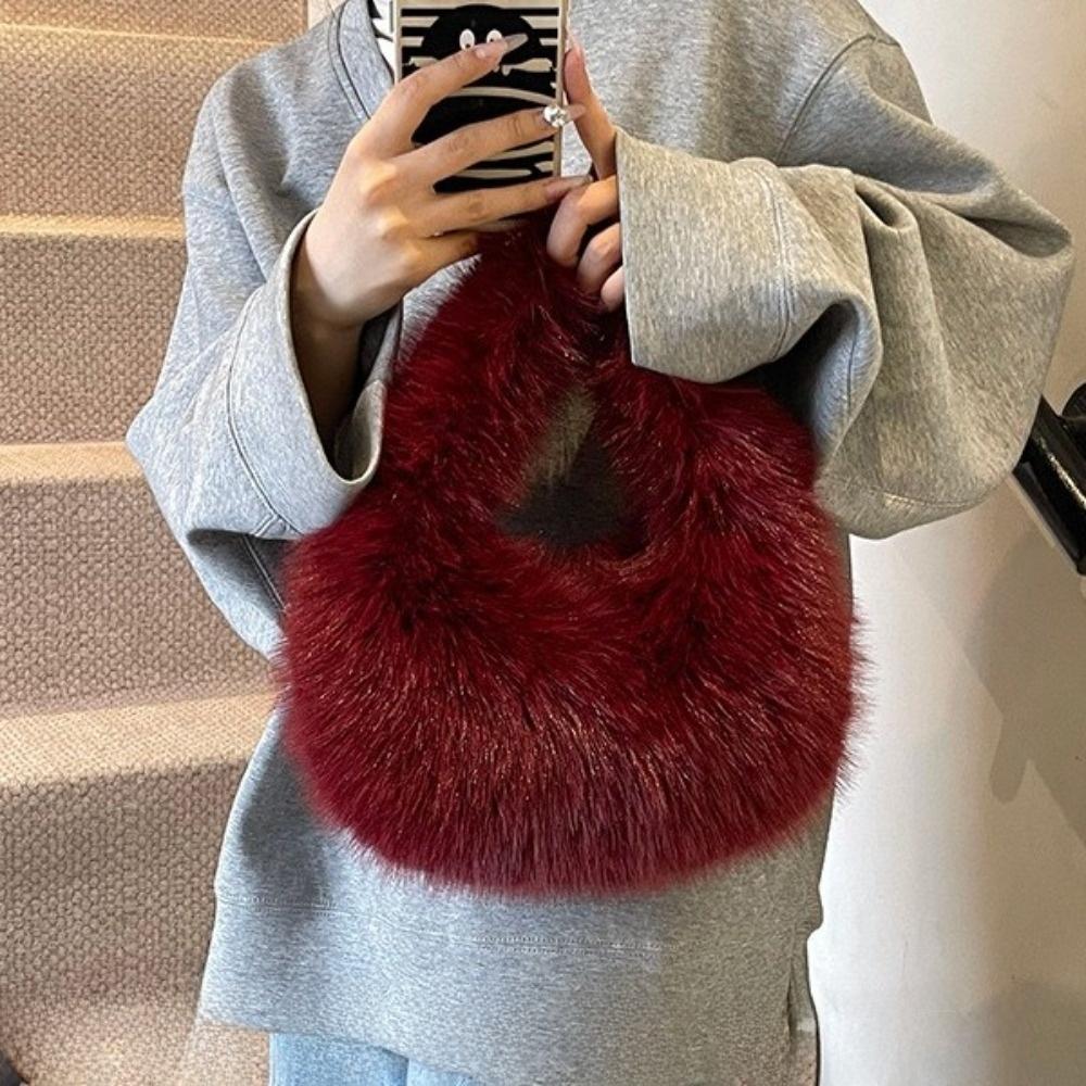 Elegant Faux Furry Texture Purse Half Moon Shape Tote Bag Trend Plush Clutch Handbags Winter