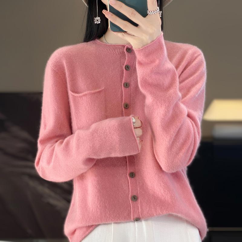 Women's Round Neck Cashmere Cardigan, Qinghe Cashmere, 30% Cashmere 70% Wool, Winter Knitted Pullover Autumn Sweater Cashmere Sweater