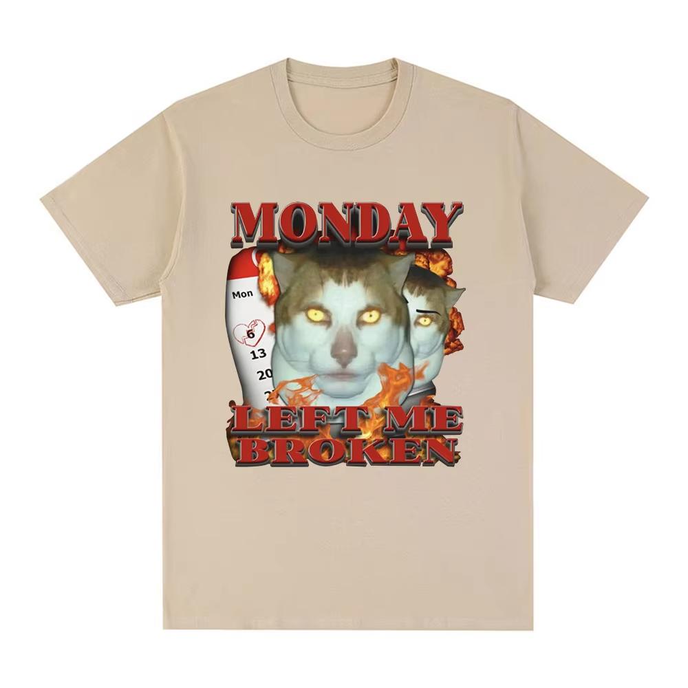 Funny Monday Left Me Broken Cat Meme Graphic T Shirt Men Cotton Casual Short Sleeve Tshirt Fashion Vintage Oversized Tshirts