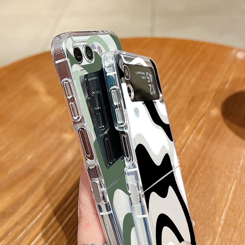 Transparent Soft Phone Case For Samsung Galaxy Z Flip 6 5 4 3 5G Flip6 Flip5 Flip4 Metal Buckle Wave Pattern Clear Folding Cover