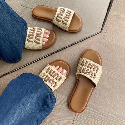 Женские тканые льняные пляжные тапочки с плоской подошвой для летних каникул на открытом воздухе