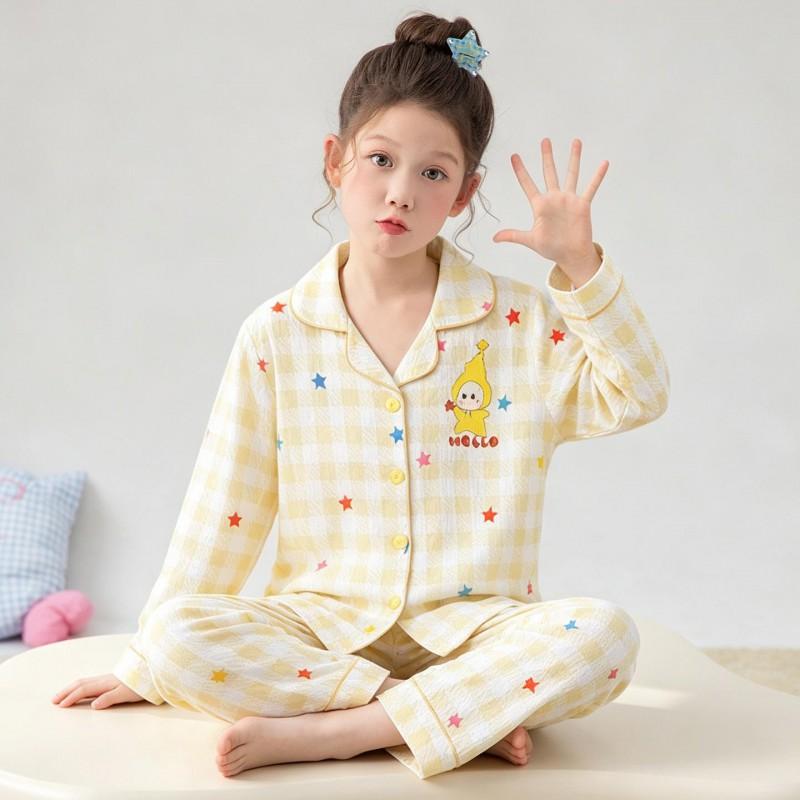 Girls Long Sleeve Cloud Cotton Pajamas Set Cute Open Front Homewear