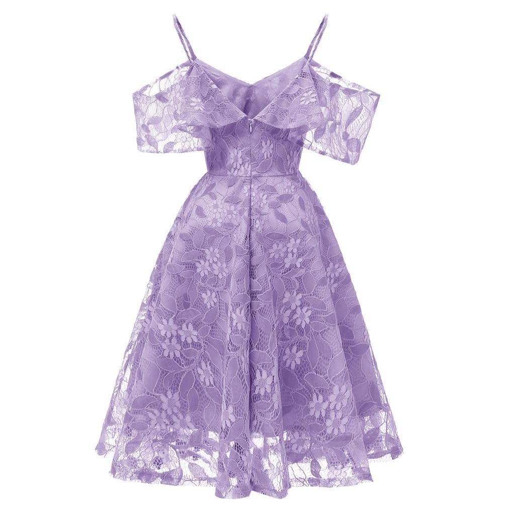 Deer Women's Floral Crochet Lace Ruffle Cold Shoulder Cami Strap Midi Bridesmaid Dress Wedding Evening Formal Party Cocktail Occasions Outfits