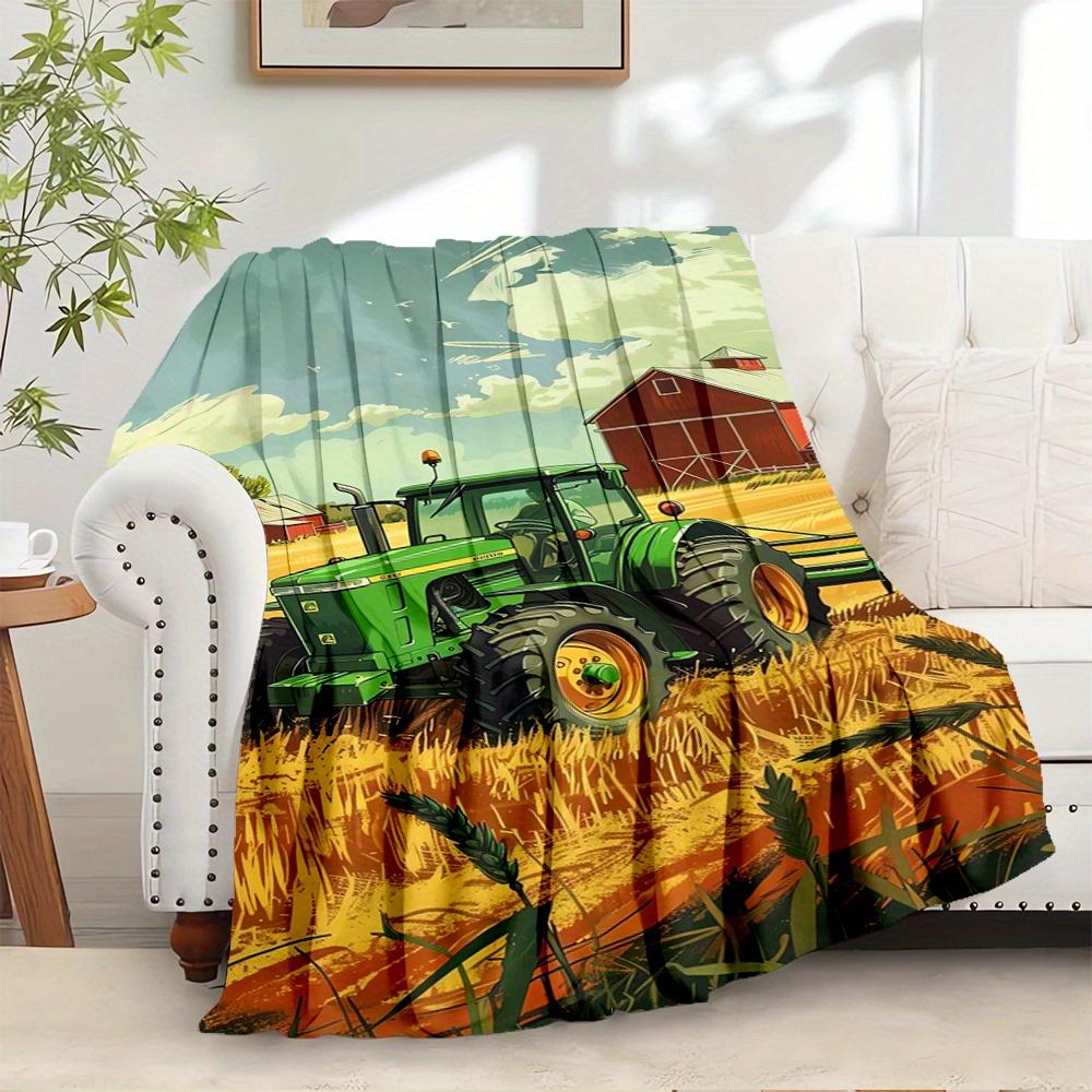 For Tractor,Farm,Harvest-Themed Flannel Blanket, Glam Style, Digital Print, All-Season Comfort, Tear-Resistant, Knitted Craftsmanship, Polye