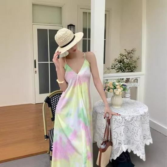 Пляжное платье-туника с блестками и tie-dye, на тонких бретельках, с V-образным вырезом, с открытой спиной, длинный стиль для женщин (Коллекция 2026 года)