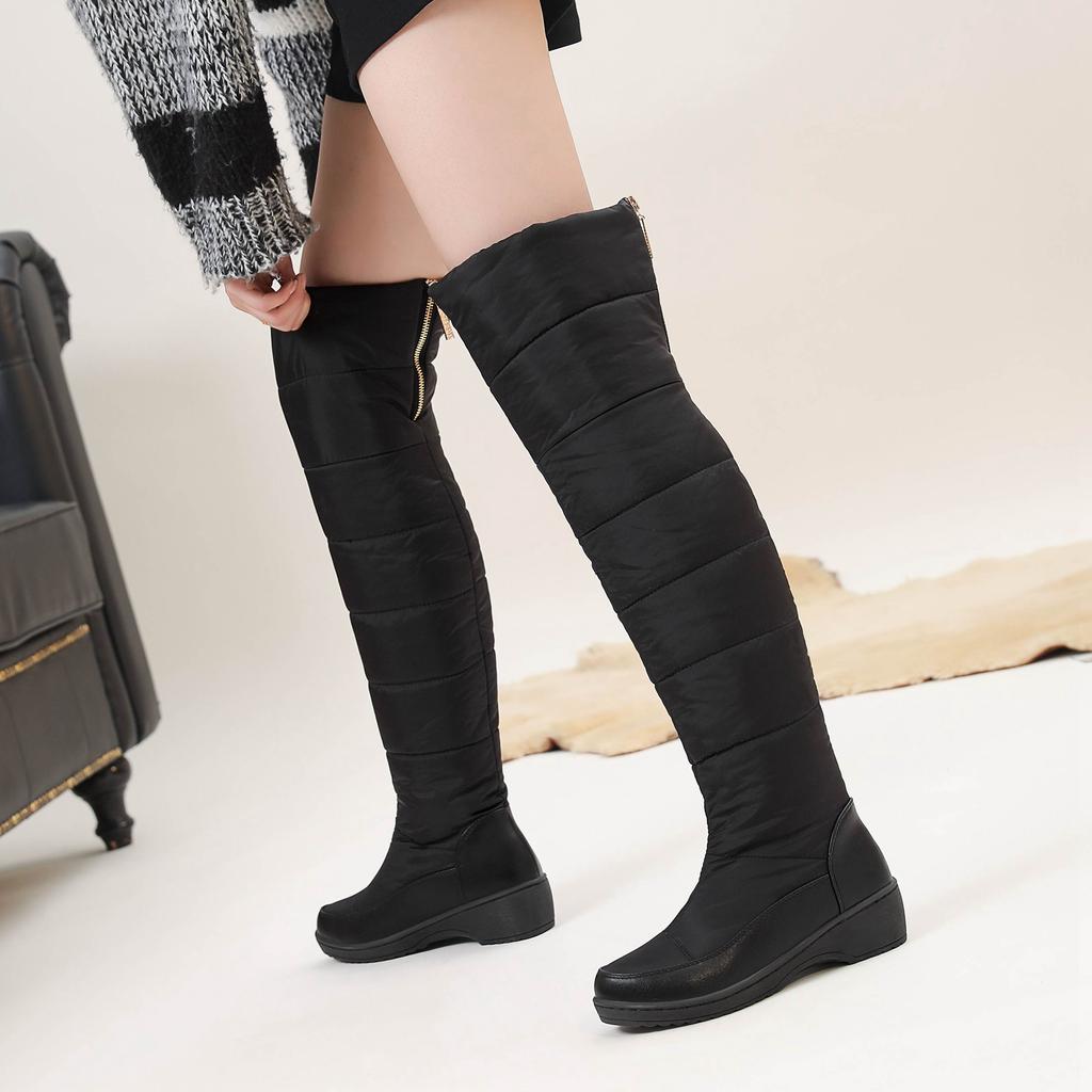 Krazing Pot PU Down Fiber Tarpaulin Autumn Winter Shoes Med Heels Size 44 Wedges Super Size Snow Boots Round Toe Keep Warm Knee Boots