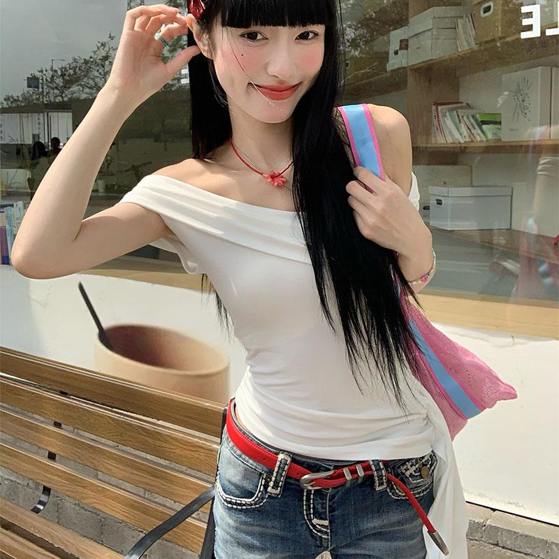 Летняя футболка с открытыми плечами и косым воротником Женская мода Футболки с коротким рукавом повседневные Тонкие эластичные обтягивающие топы y2k женская одежда