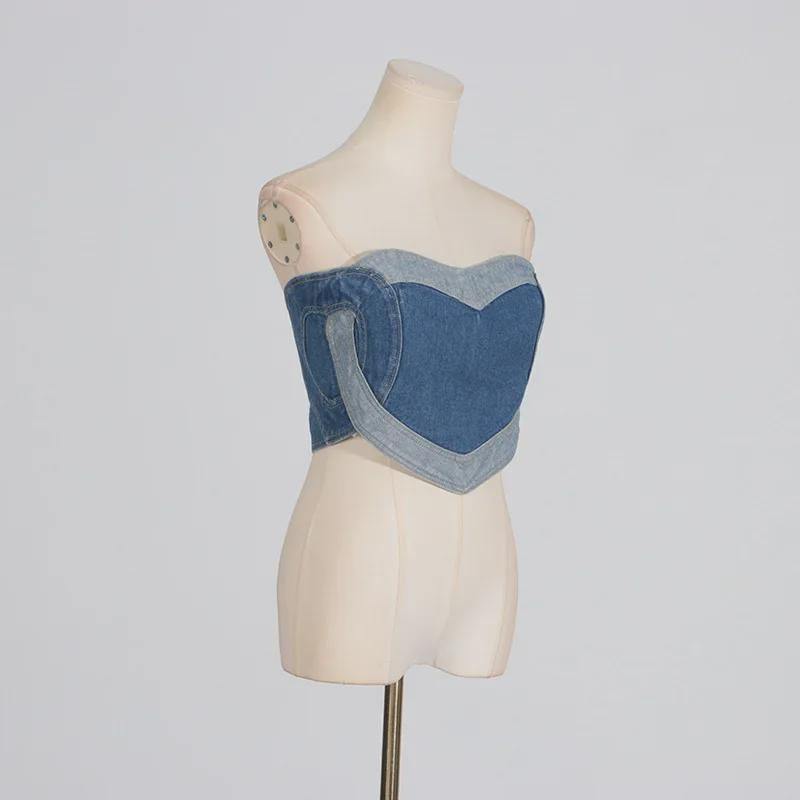 "2025 Spring Women's Sexy Denim Tube Top with Blue Heart Stitching"