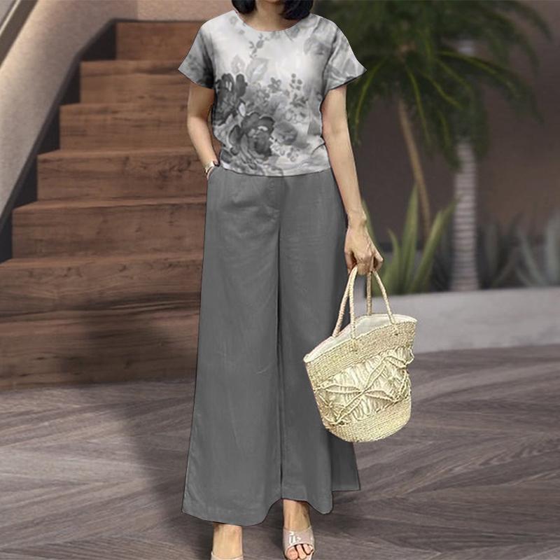 ZANZEA Женские повседневные комплекты из блузки и брюк с принтом из двух предметов