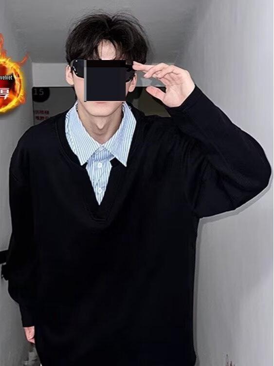 Унисекс Худи в американском стиле с полосками и воротником-поло, имитация двух предметов - Универсальное, Повседневное, Свободный крой