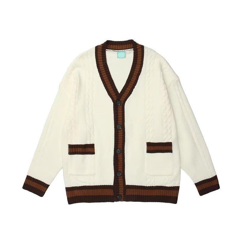 Мужской вязаный кардиган с V-образным вырезом в стиле ретро - Коллекция Осень 2022, Универсальный свободный топ с длинным рукавом