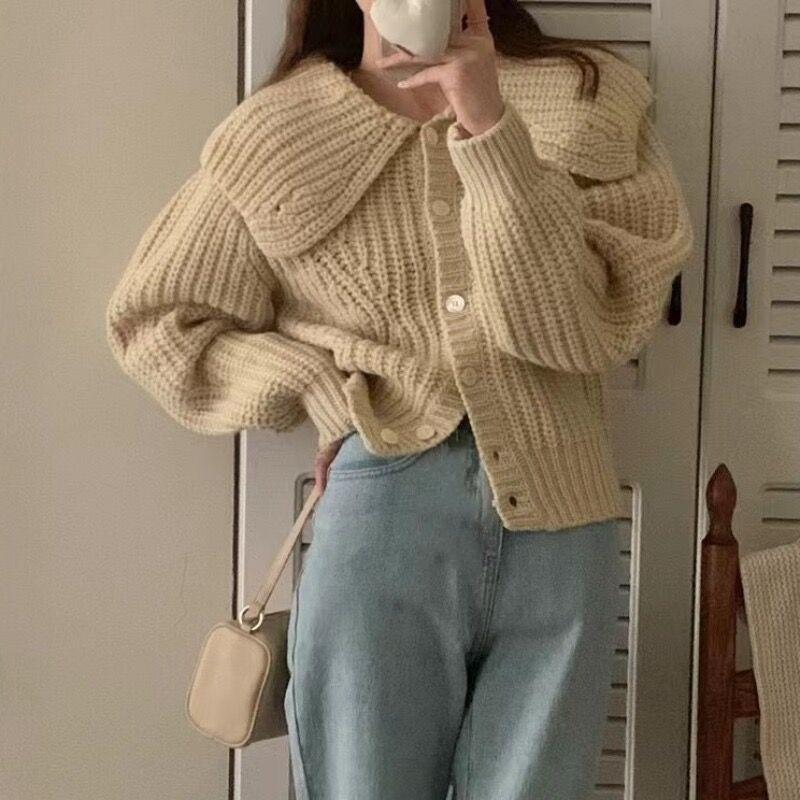 Fashion Elegant Doll Collar Knitted Cardigan Women Sweater Autumn/winter Casual Lapel Loose Coats Long Sleeved Jacket Sweet Simple Solid Top
