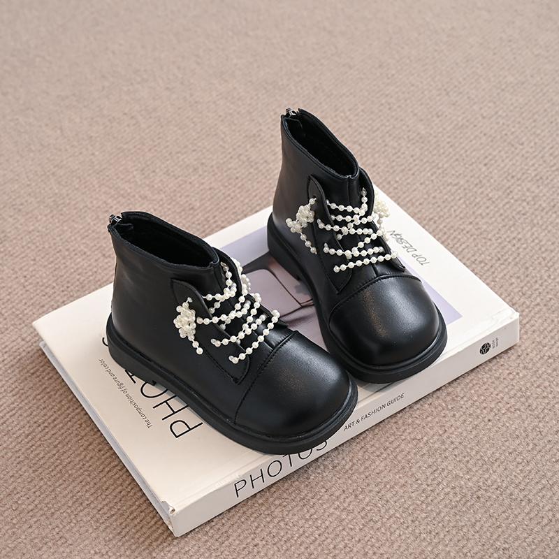 Девочки Жемчуг Принцесса Кожаные Сапоги Мода Детские Теплые Хлопковые Сапоги с Жемчугом Элегантные Детские Короткие Сапоги 2024 Зима Новинка