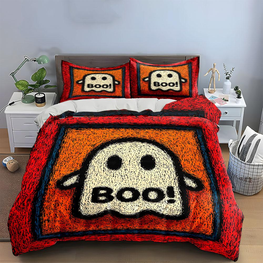 Ghost Illustration with "Boo!" Bedding Duvet Cover Set (1*Duvet Cover 2*Pillowcases, without duvet insert)