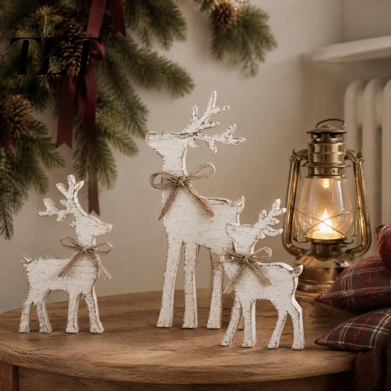 Handcrafted Reindeer Sign 3Pcs/Set Wooden Christmas Elk Table Sign, Rustic Family Tabletop Decoration, Decorative Jute Rope Bow Centerpiece