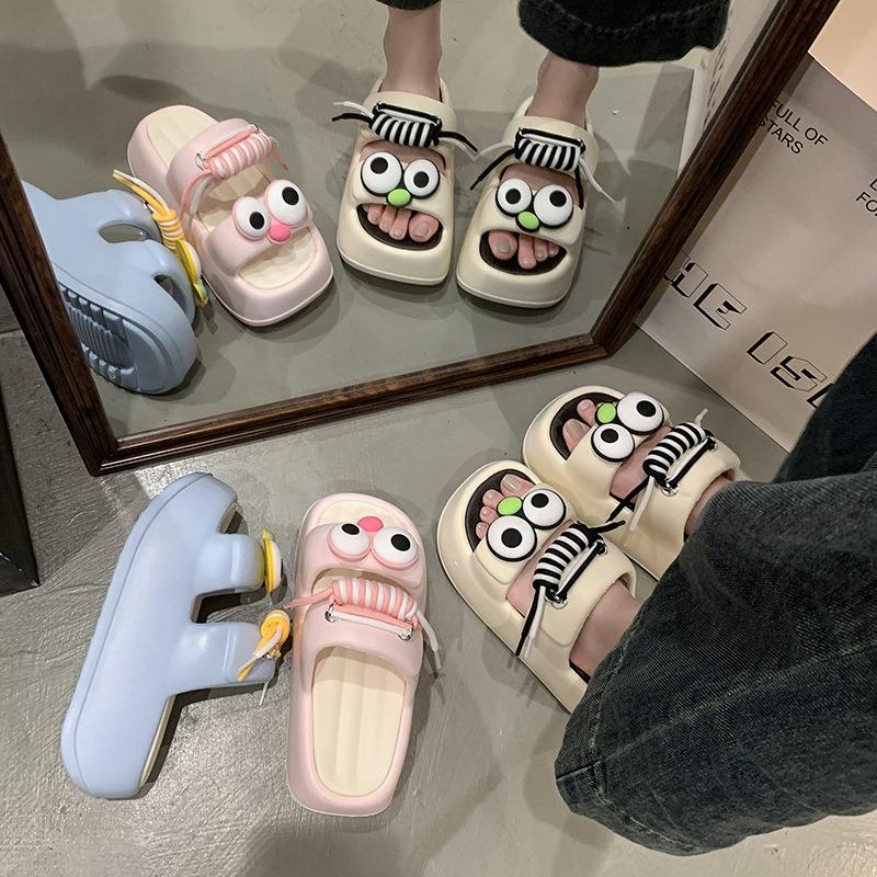 Thick-soled Seaside EA Beach Shoes Summer Wear Fun Funny Cute Big Eyes Double with Cool Slippers Women