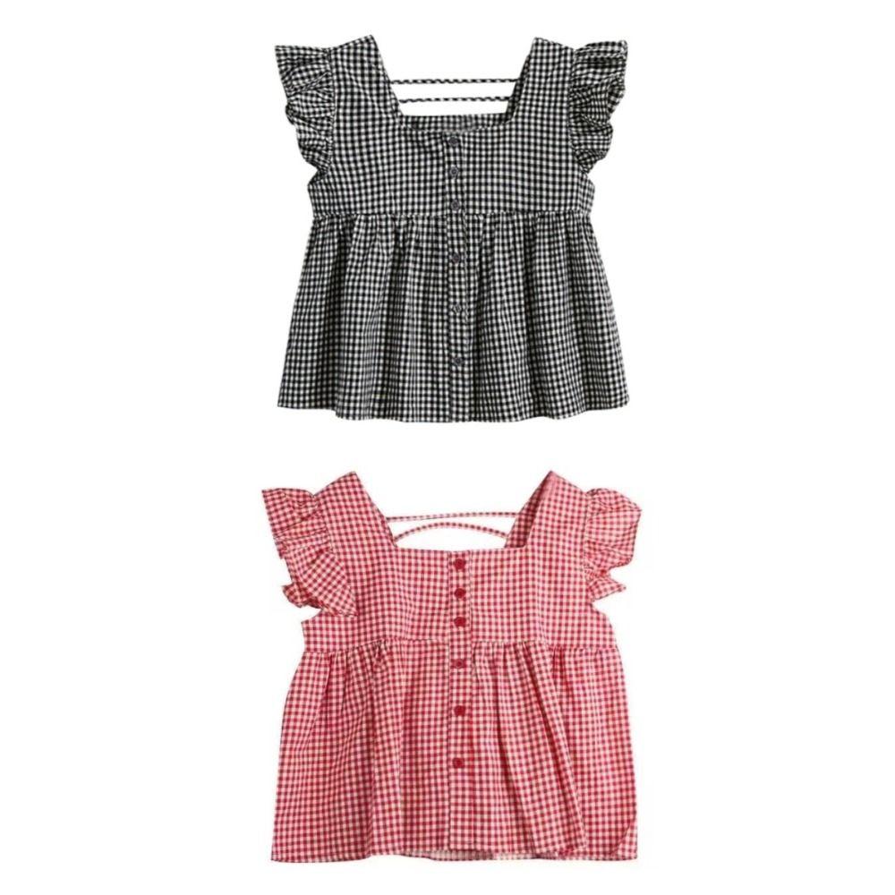 Оборки Милый свободный топ без рукавов с летящими рукавами Укороченный топ Шикарные клетчатые блузки для женщин и девочек