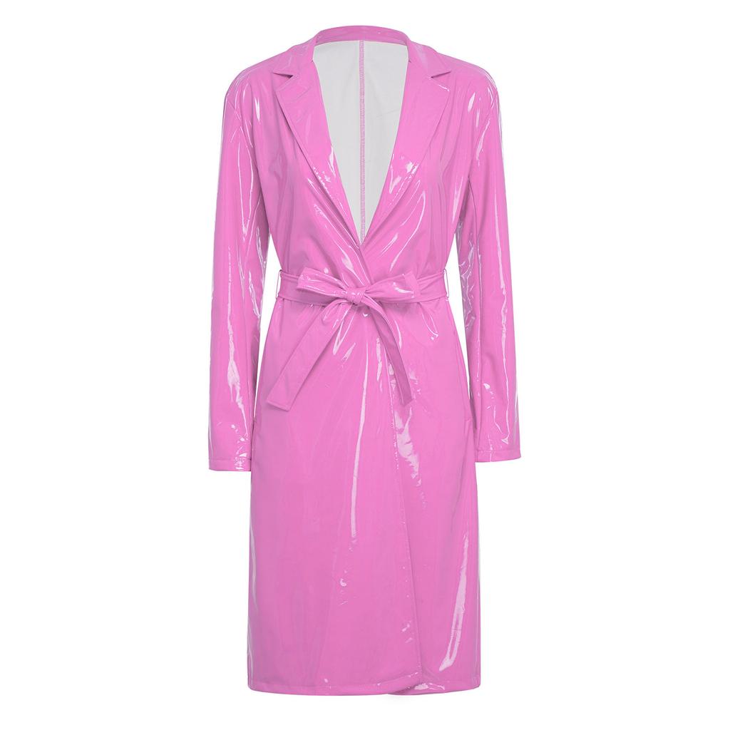 Женский длинный тренч из ПУ кожи с глянцевым лацканом, открытый спереди, длинная куртка с поясом, повседневная уличная одежда