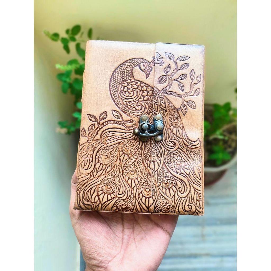 Peacock Embossed Handmade Leather Diary With Lock, Locked Journal, Writing Fancy Notebook, Medium Size Leather Notepad, Writers Paradise