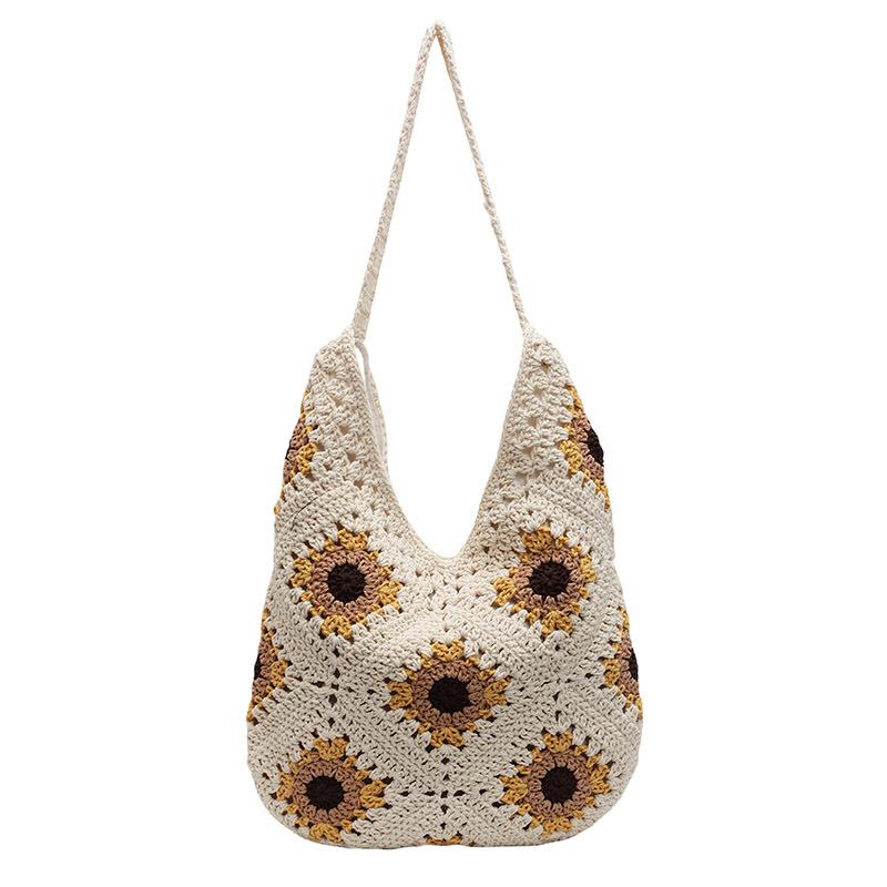 Вязаная сумка большой вместимости новая сумка на плечо с крючком и цветочным узором полая хлопковая нить пляжная сумка отпускная сумка-тоут