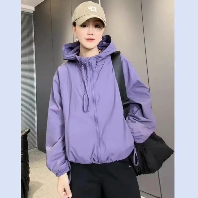 Женская куртка тонкая на большой молнии с капюшоном повседневная свободная куртка